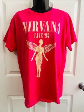 NIRVANA Hot Pink Tee with Metallic Gold Angel Graphic